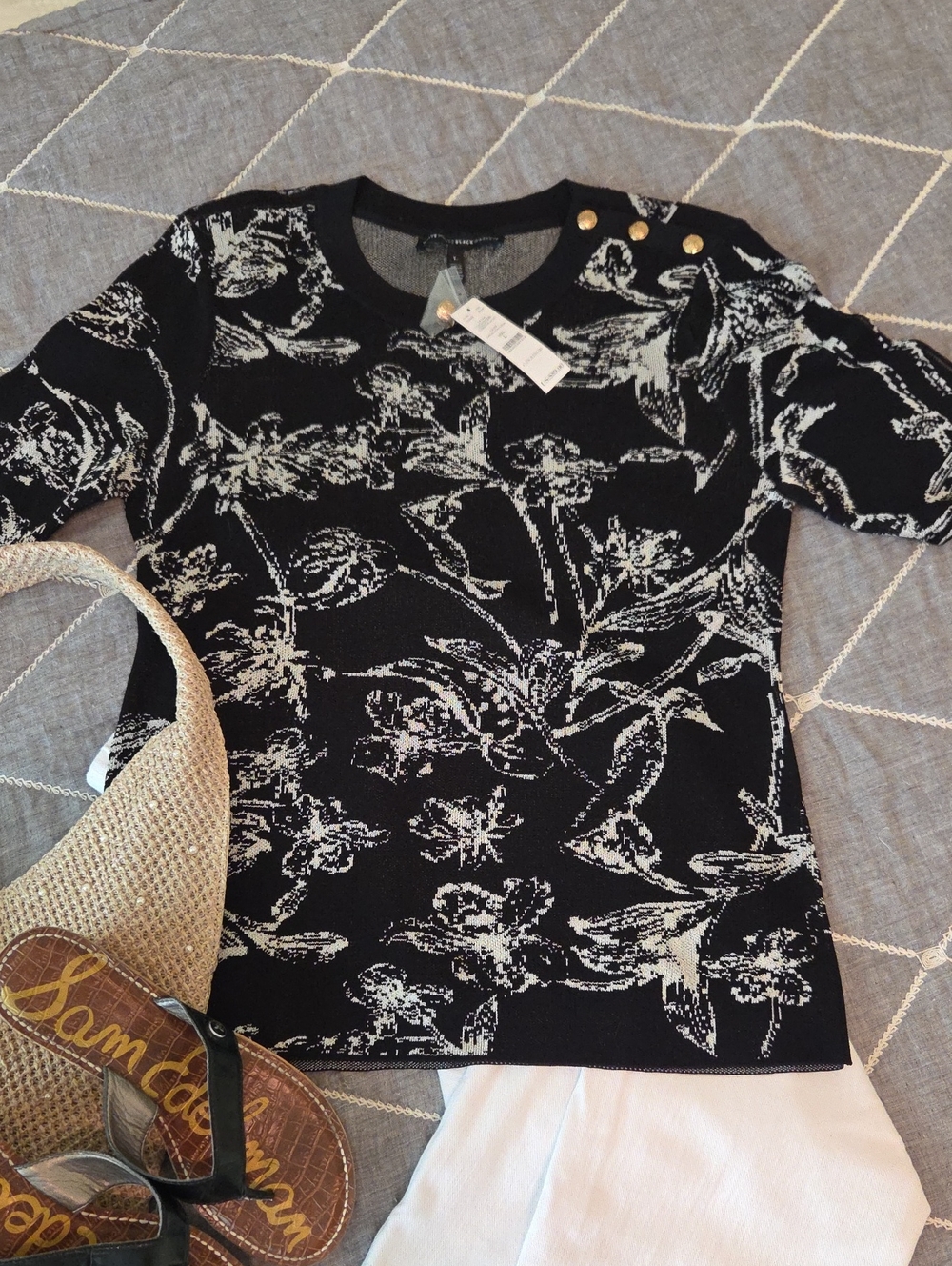 Black Floral Short-Sleeve Knit Sweater Top with Gold Button Detail